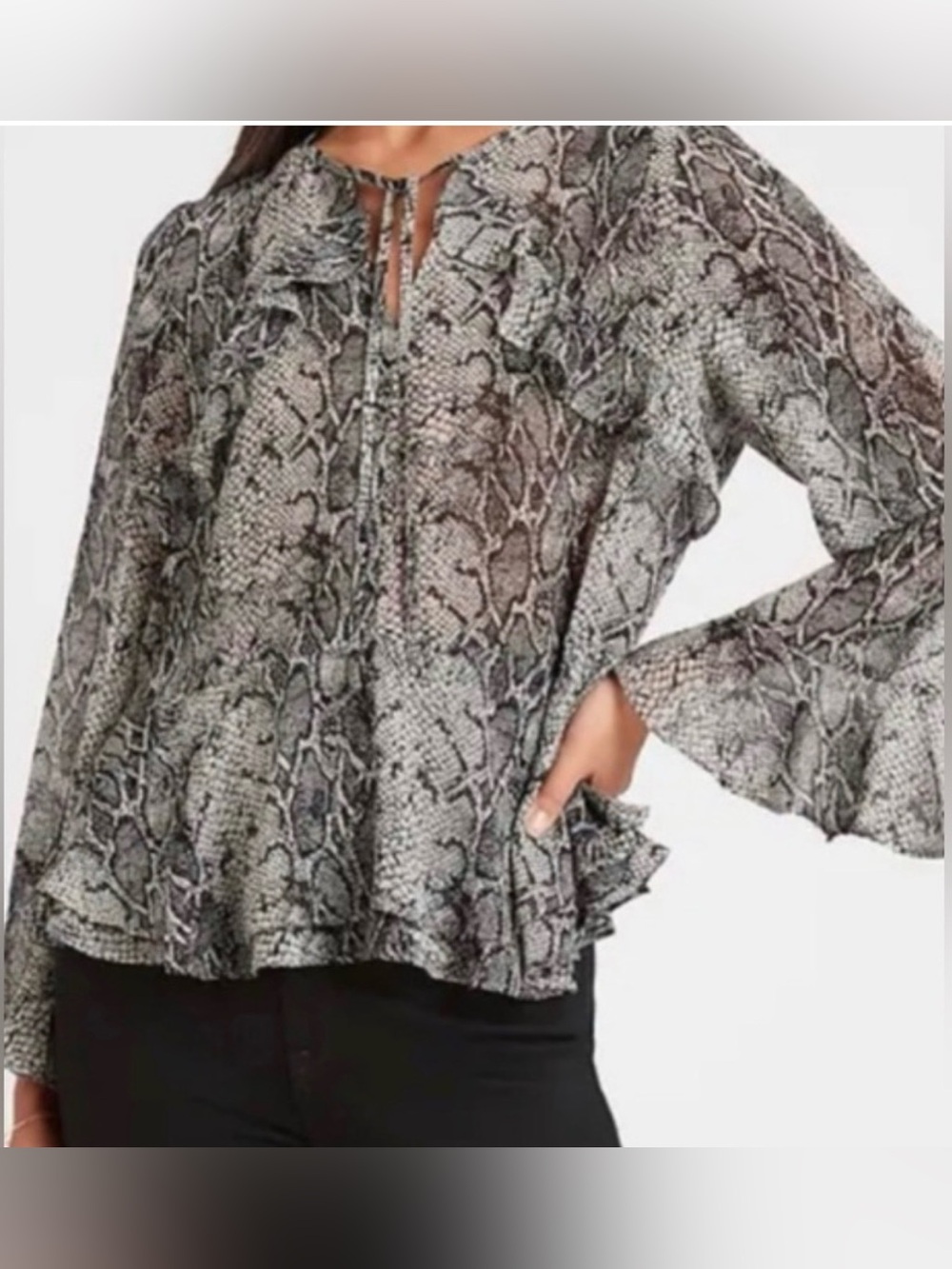 Banana Republic Snake-Print Ruffle Tie-Neck Blouse - Gray/Black